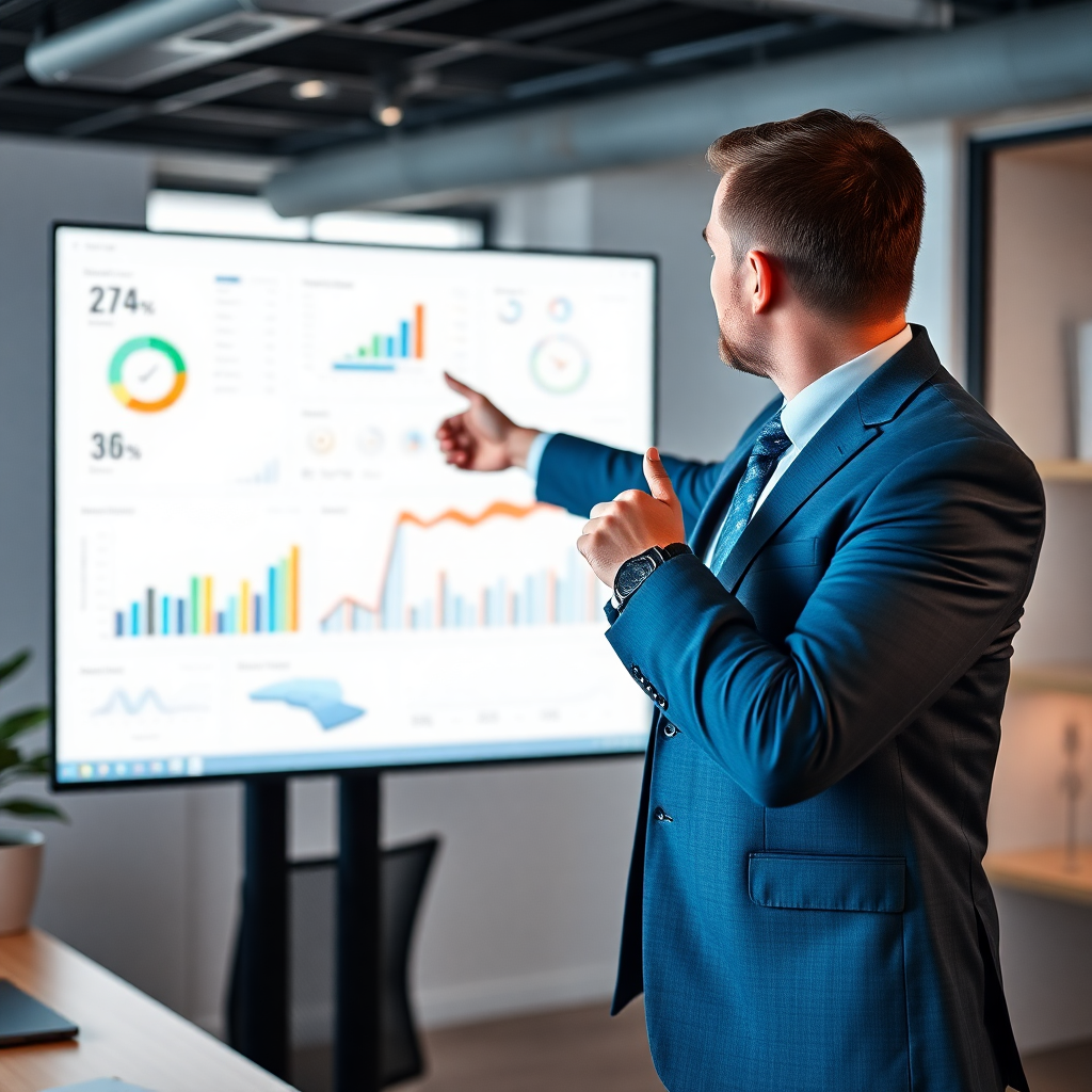 business consultant pointing at digital dashboard, modern office, professional presentation, analytics charts on screen