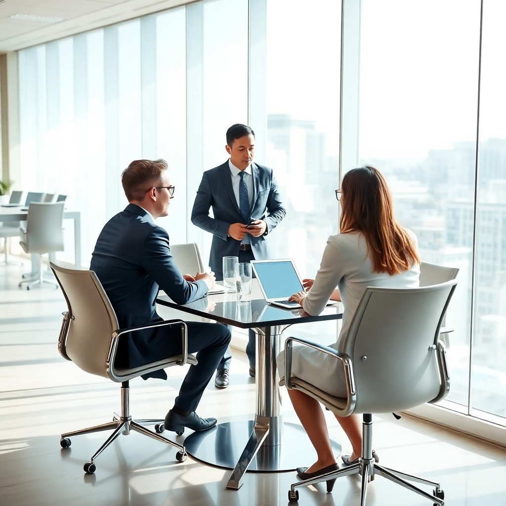 modern office team meeting, bright daylight, professional consultants discussing, glass conference room, clean corporate interior