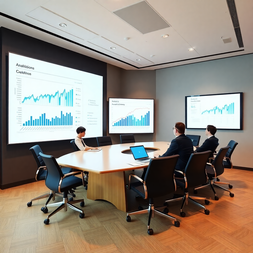 office boardroom with analytics chart, business strategy meeting, professional presentation