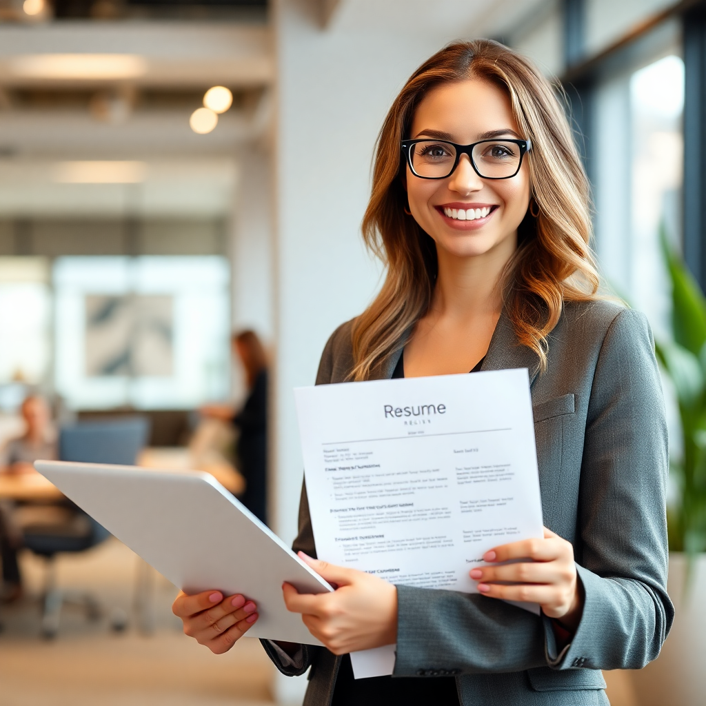 smiling professional with resume, career consultation, modern office setting