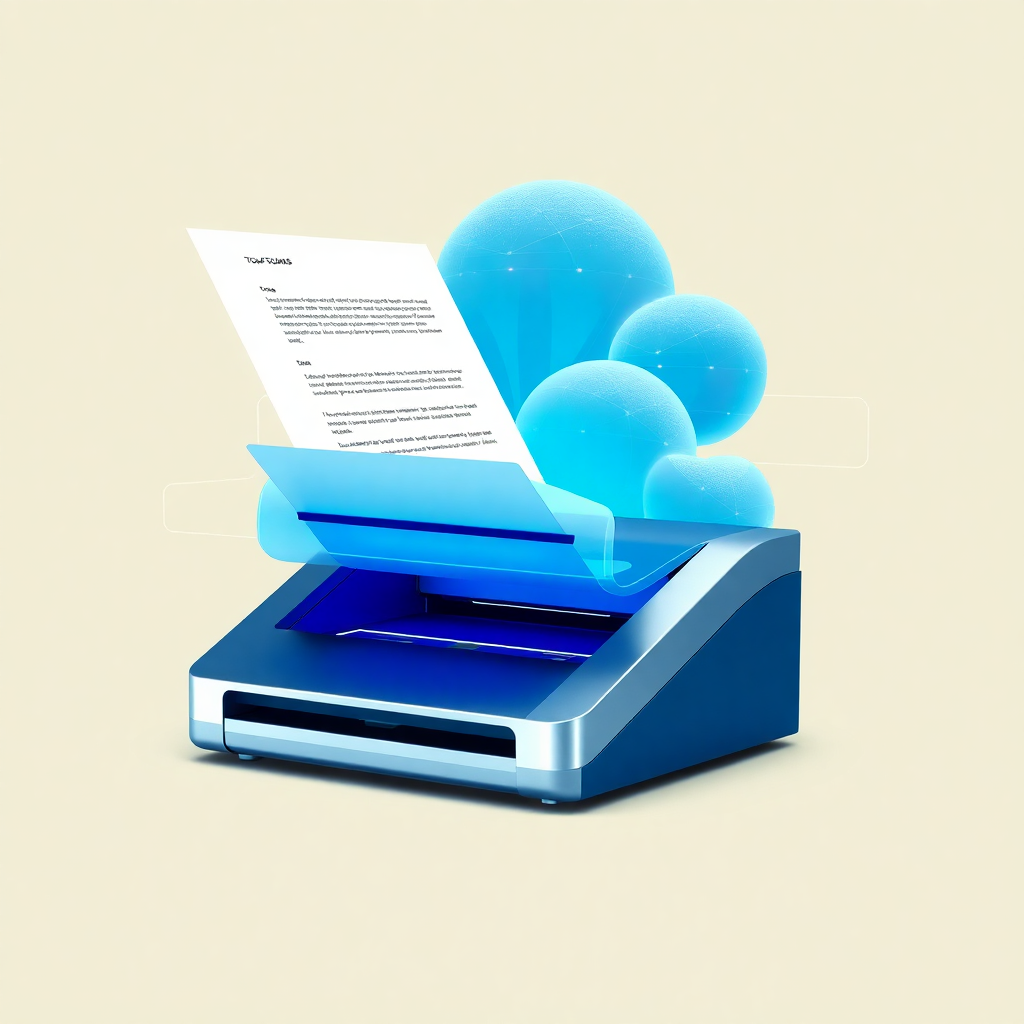 document scanner and cloud database, blue silver color scheme, digital transformation, secure data