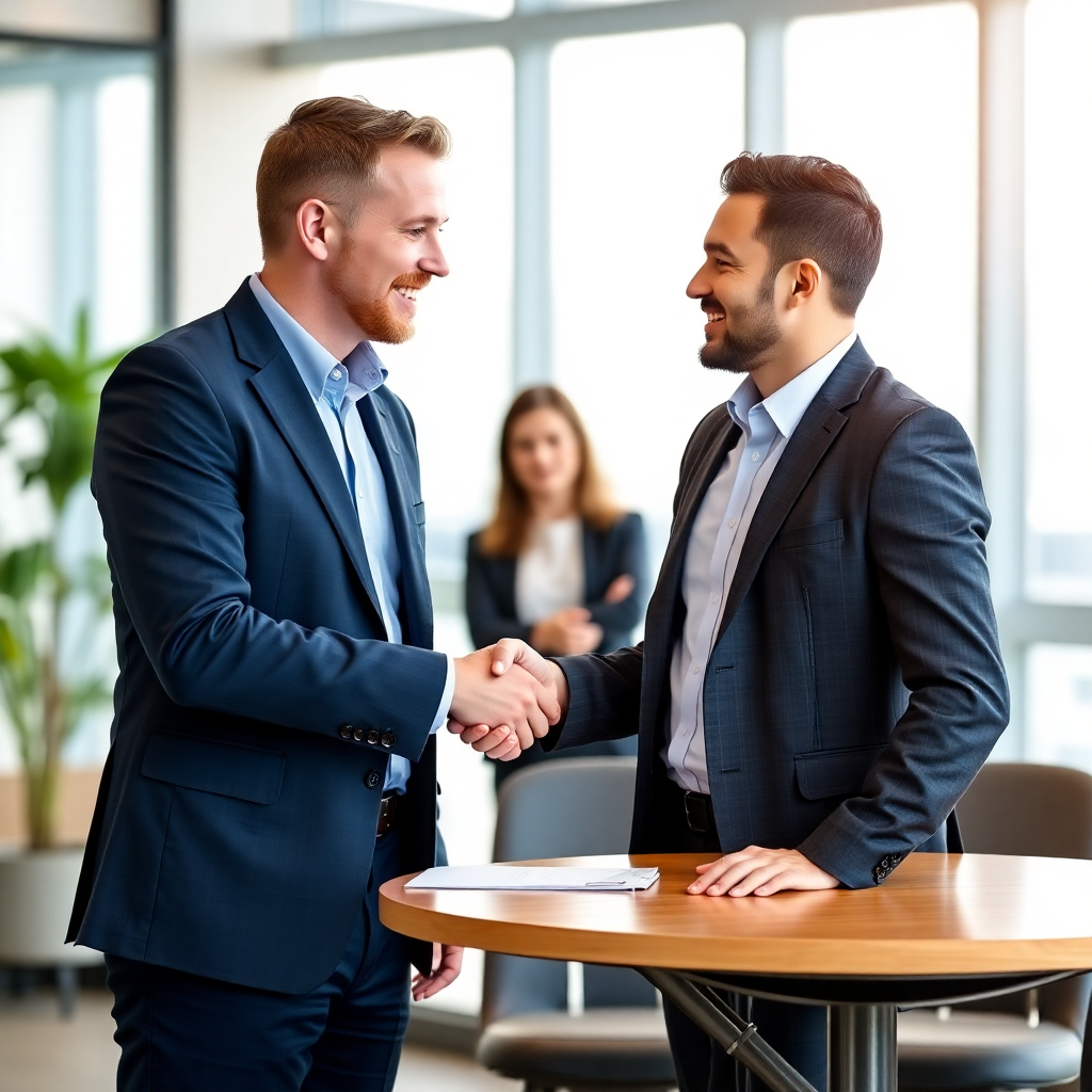 HR manager shaking hands with candidate, professional recruitment, modern office interview